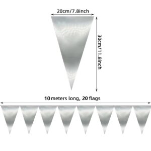 20M/65FT Silver Triangle Pennant Banner Flag Metallic Fabric Bunting Garland for Christmas Graduation Wedding Engagement Anniversary Bachelorette Birthday Bridal Shower Valentines Hen Party Supplies