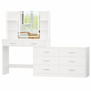 Irontar Vanity Desk with Lighted Mirror and 3-Color LED Strip, Makeup Vanity Table with 8 Drawers & 4 Open Shelves, Side Cabinet with Width Adjustable, Makeup Desk for Women, White WDT011W