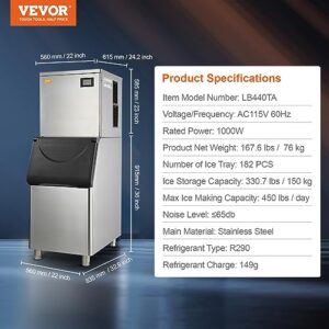 VEVOR Commercial Ice Maker, 450LBS/24H Ice Making Machine with 330.7LBS Large Storage Bin, 1000W Auto Self-Cleaning Ice Maker Machine with 3.5-inch LED Panel for Bar Cafe Restaurant Business