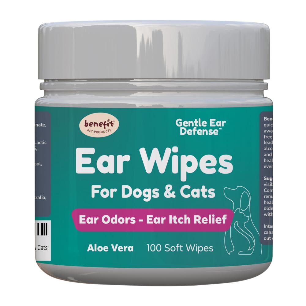 Benefit Pet Products Dog Ear Wipes - Ear Cleaner for Dogs to Prevent Infections, Itching & Odor - Aloe & Eucalyptus, Grooming Wipes - 100 Count