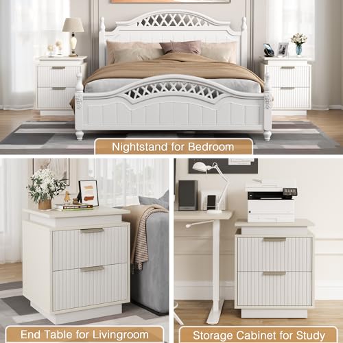 YESHOMY Nightstand with LED Lights, End Table with 2 Drawers and Waveform Panel, Night Stand with Handles, Set of 2, for Bedroom and Apartment, White