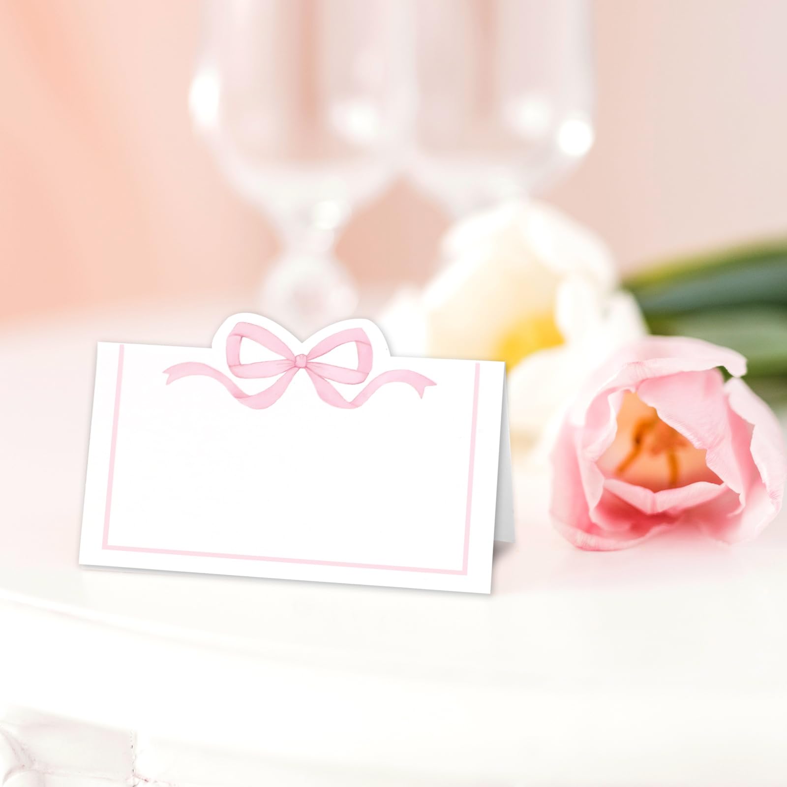 Whaline 100Pcs Pink Bow Place Cards 2 x 3.5 Inch Cute Bow Knot Tent Name Cards Blank Seat Assignment Label Cards for Coquette Birthday Party Table Setting Supplies