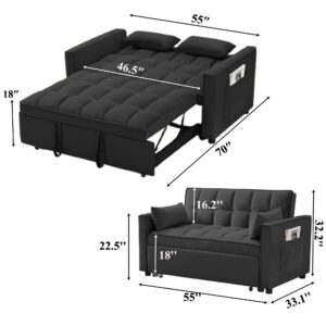 Zacis 3 in 1 Convertible Sleeper Sofa Couch Bed, Modern Space Saving Velvet Sofa Bed with Armrests, Storage Pockets & 2 Pillows, Sofa Bed Couch for Living Room Bedroom Office Apartment