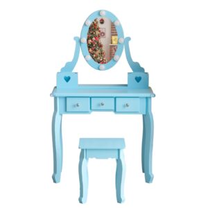 Princess Makeup Desk and Chair Set,Vanity Set with Mirror and Lights and Stool, 5 Storage Drawers, Pretend Play Princess Makeup Desk Dressing Table and Stool Set for Little Girls, Macaroon Blue