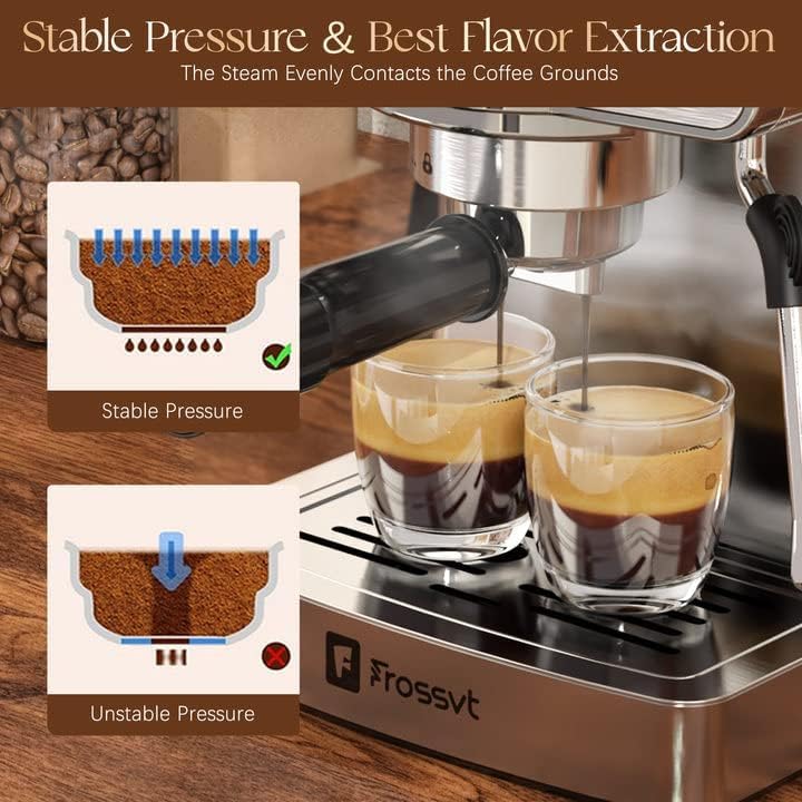 Frossvt Espresso Machine 20 Bar, Milk Frother Steam Wand, 60oz (1.8 Liters) Water Tank, 1350W for Home Barista Espresso Latte Macchiato and Cappuccino Maker