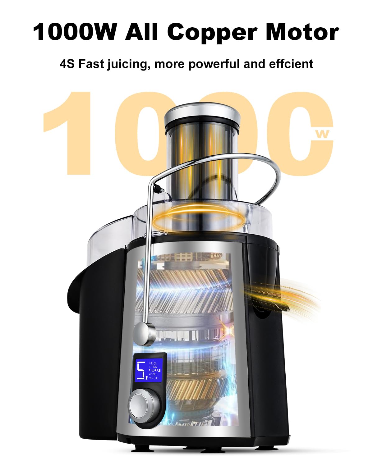 1000W 5 Speeds LCD Screen Centrifugal Juicer Machines Vegetable and Fruit, Realife Juice Extractor with Big 3" Wide Chute, Anti-drip Compact Juice Maker, Easy Clean, High Juice Yield, BPA Free