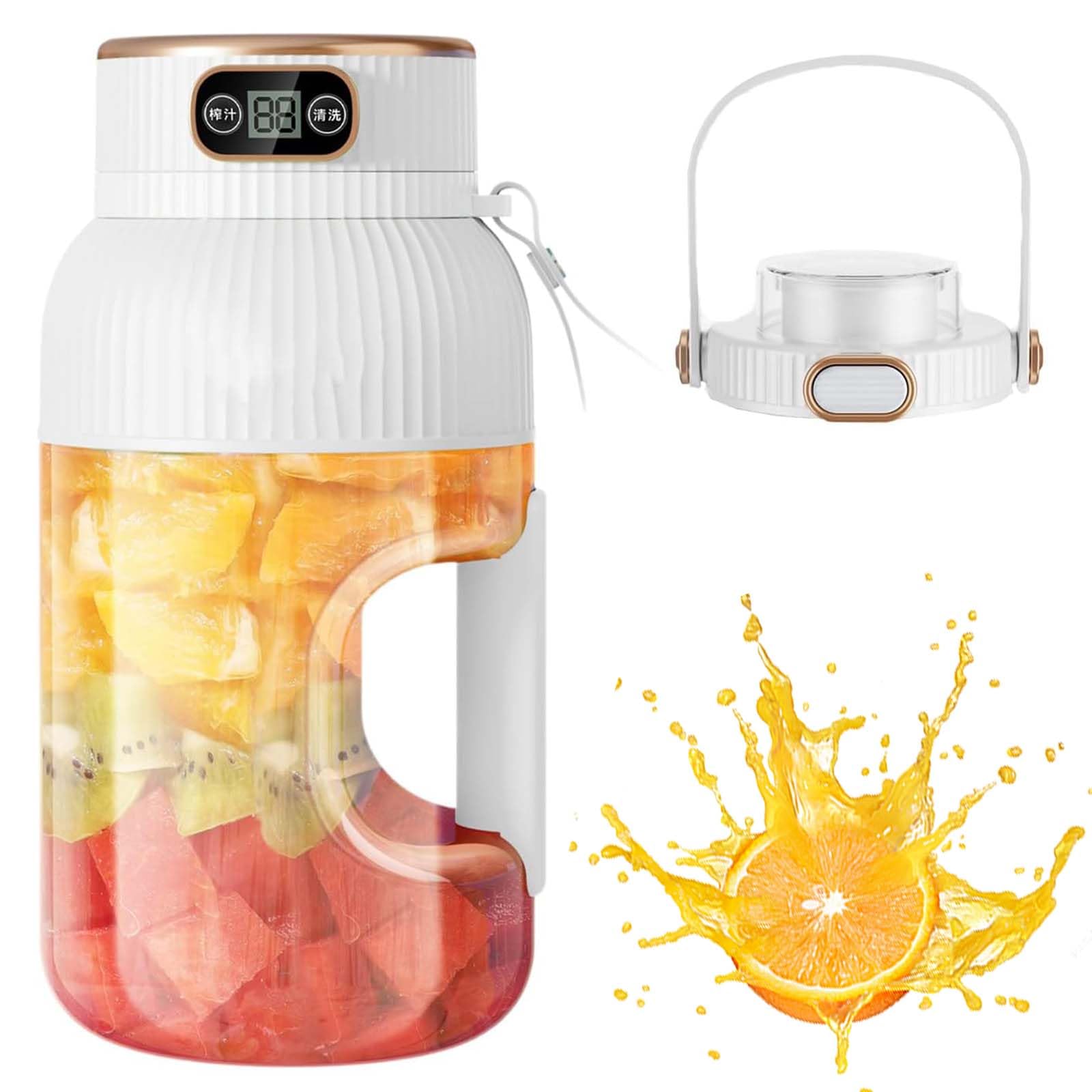 Multifunctional Portable Juicer Cup with Digital Display, Portable Smoothie Blender on the Go, Portable Blender Usb Rechargeable, Portable Juicer Blender With Direct Drinking Lid (White)