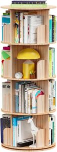 kinembold 4 tier rotating bookshelf, floor standing spinning bookshelf tower for kids, 360 display revolving corner bookcase for small space, round book shelf organizer for bedroom, living room