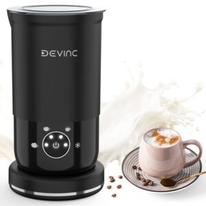 devinc milk frother, 4-in-1 milk frother and steamer, hot and cold foam maker and milk warmer with auto shut-off, electric frother for coffee, latte, cappuccino, matcha