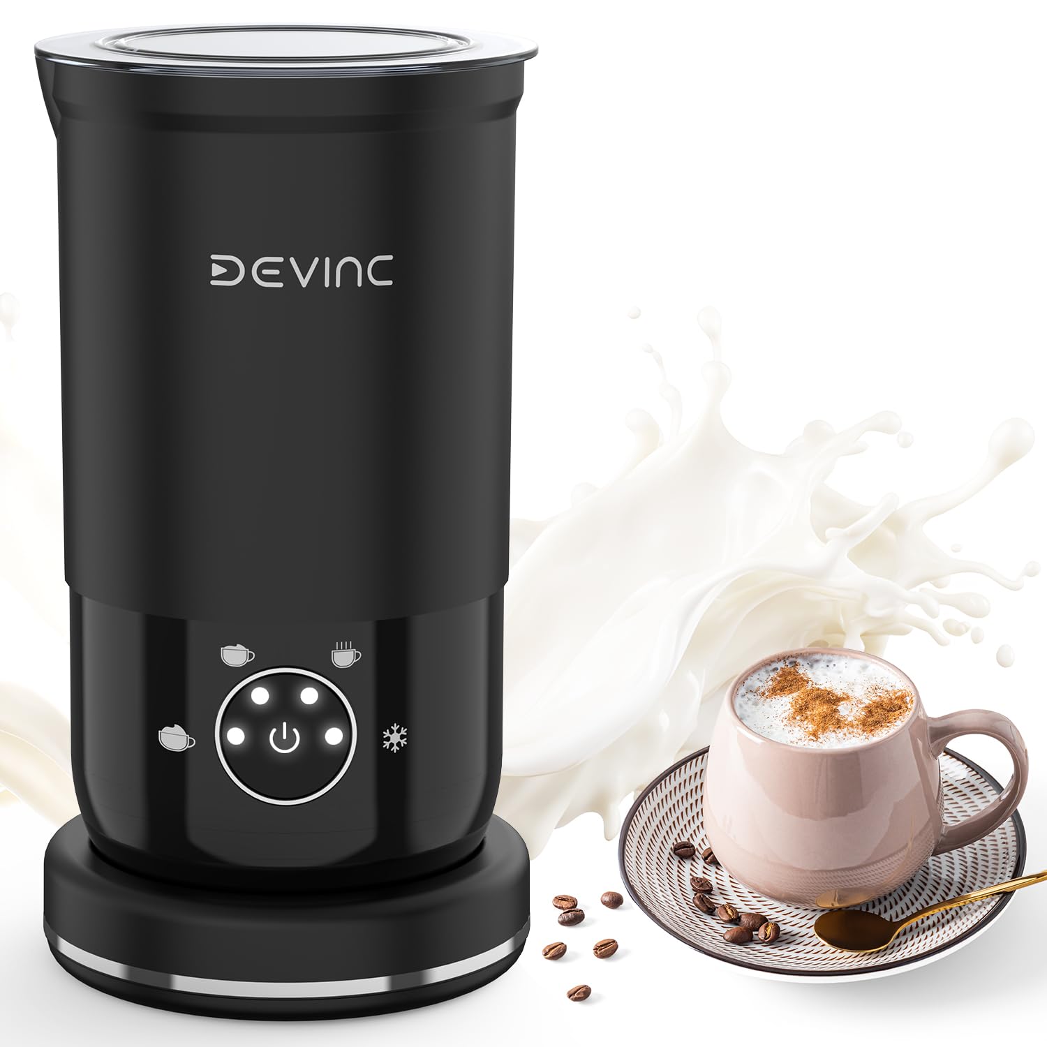 DEVINC Milk Frother, 4-in-1 Milk Frother and Steamer, Hot and Cold Foam Maker and Milk Warmer with Auto Shut-Off, Electric Frother for Coffee, Latte, Cappuccino, Matcha