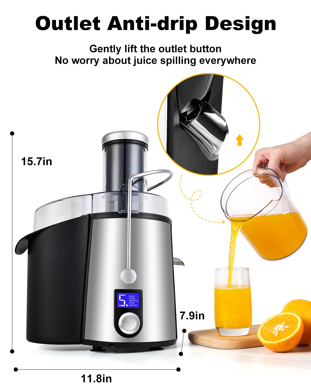 1000W 5 Speeds LCD Screen Centrifugal Juicer Machines Vegetable and Fruit, Realife Juice Extractor with Big 3" Wide Chute, Anti-drip Compact Juice Maker, Easy Clean, High Juice Yield, BPA Free