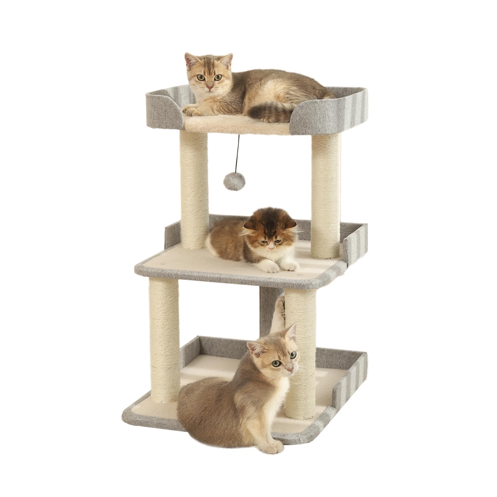 Durable Cat Scratching Post with Bed, Multi-Level 27.56in Cat Tree with Scratching Posts of Natural Sisal, All-Season Cat Tree for Indoor Large Cats, Kittens (Grey)