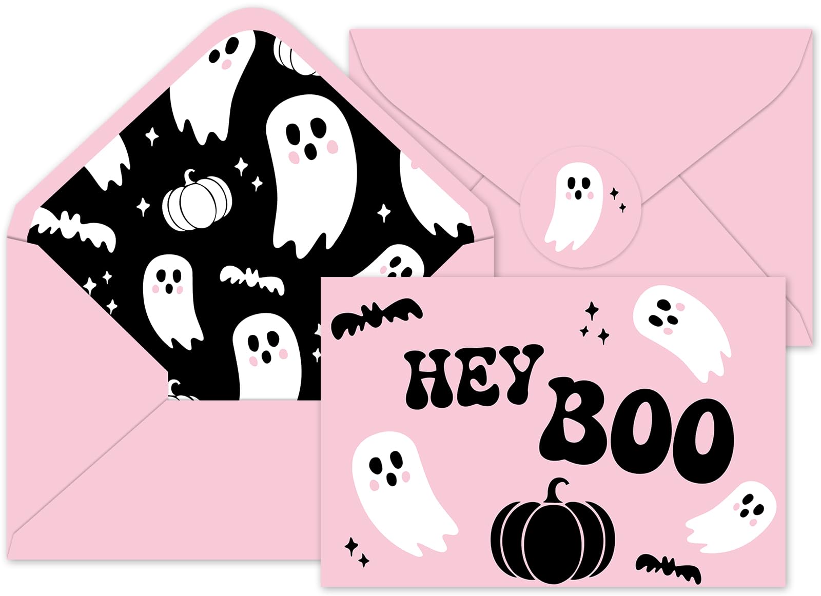 Whaline 24Pcs Halloween Ghost Thank You Cards with Envelopes and Stickers Pink Black Ghost Pumpkin Greeting Cards Little Boo Blank Note Cards for Party Supplies