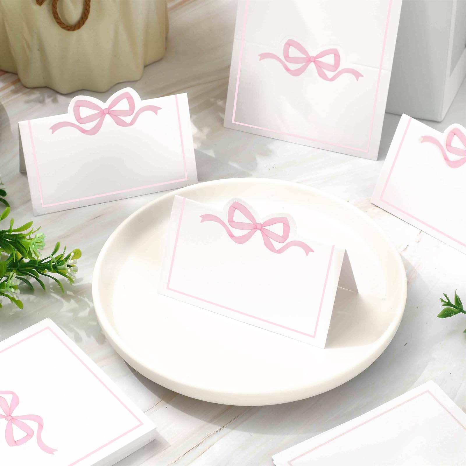 Whaline 100Pcs Pink Bow Place Cards 2 x 3.5 Inch Cute Bow Knot Tent Name Cards Blank Seat Assignment Label Cards for Coquette Birthday Party Table Setting Supplies