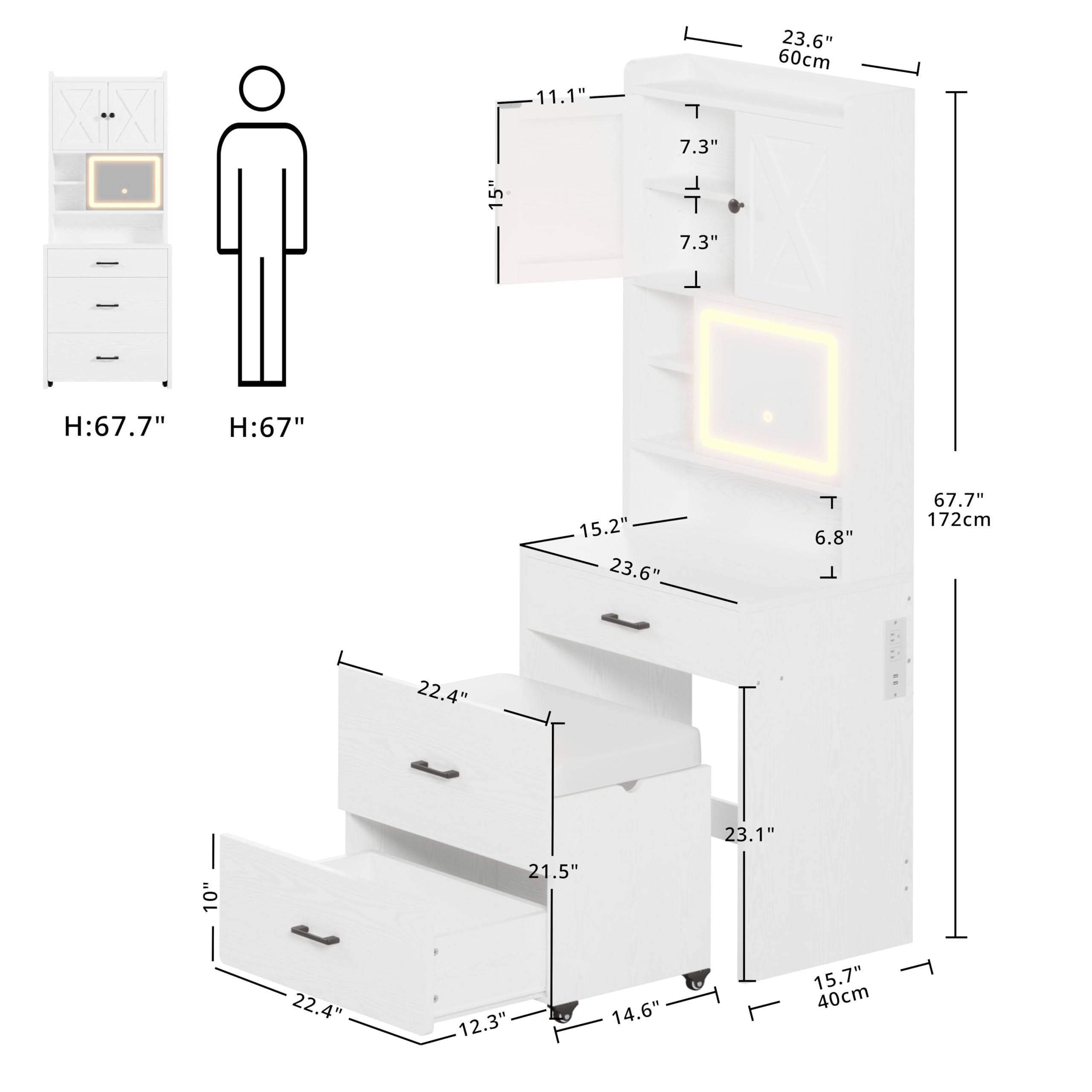 LIKIMIO Vanity Desk Set with Mirror and Light, Small Compact Makeup Vanity Desk with Drawers and Charging Station, with Hidden Storage and Comfortable Stool