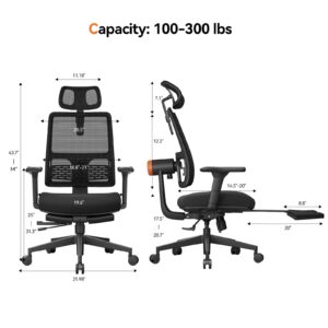 Newtral Ergonomic Office Chair with Footrest - Home Office Desk Chair with Adaptive Lumbar Support, 4D Armrest, Adjustable Seat Depth & Height (2D Headrest + Laptop Tray, Black)