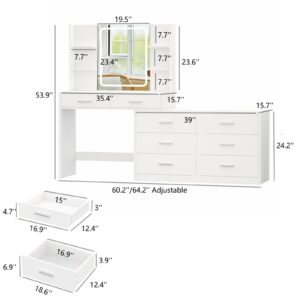 Irontar Vanity Desk with Lighted Mirror and 3-Color LED Strip, Makeup Vanity Table with 8 Drawers & 4 Open Shelves, Side Cabinet with Width Adjustable, Makeup Desk for Women, White WDT011W