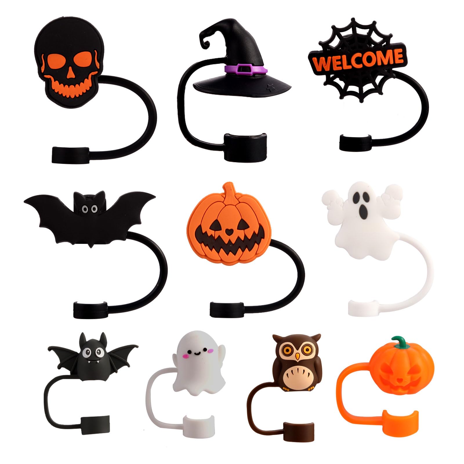 10 Pcs Halloween Straw Cover Cap for Stanley Cup, 3D Halloween Straw Topper for Stanley 30&40 Oz Tumbler 10mm 0.4in Silicone Straw Protectors Drinking Straw Tips Lids Cup Accessories