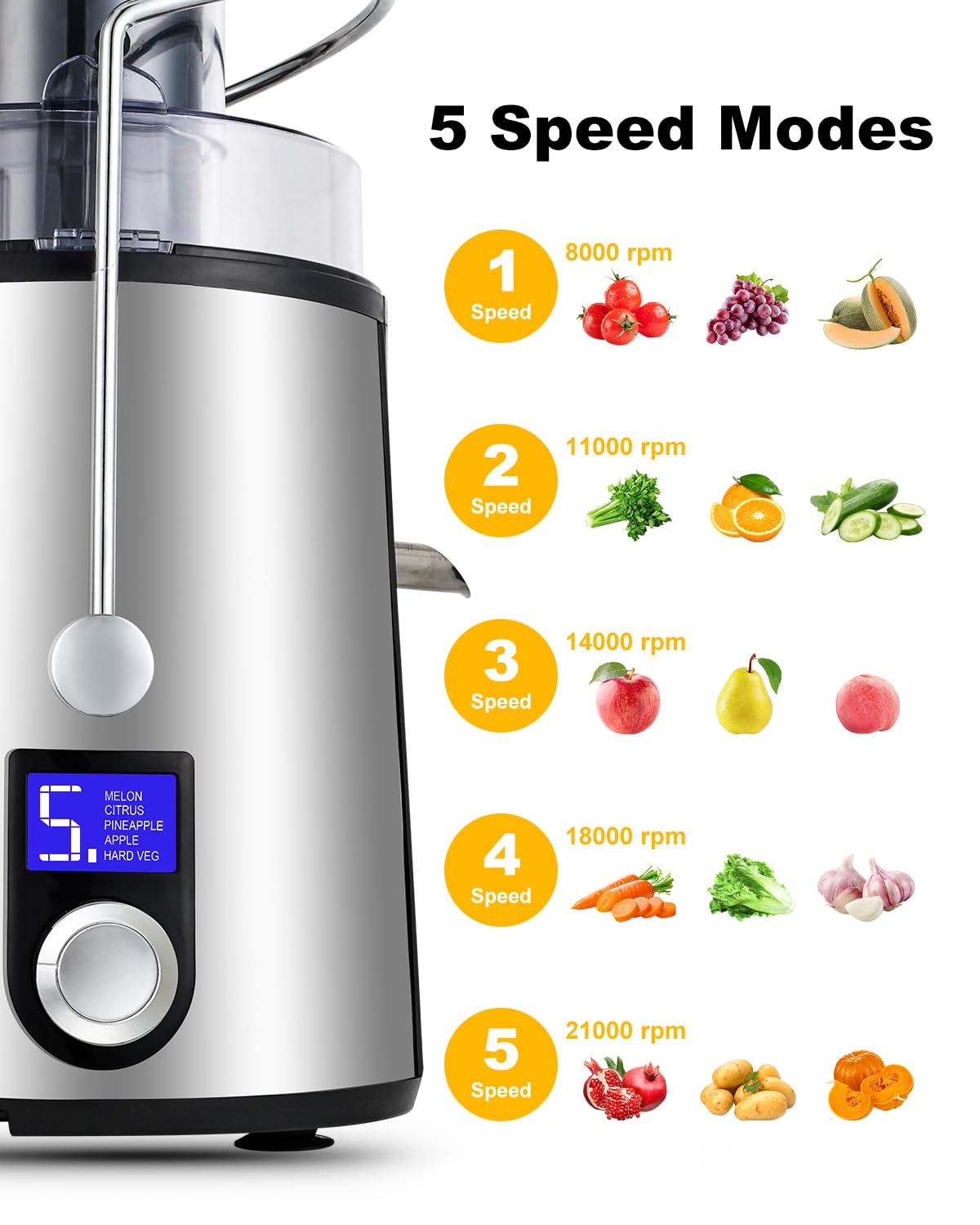 1000W 5 Speeds LCD Screen Centrifugal Juicer Machines Vegetable and Fruit, Realife Juice Extractor with Big 3" Wide Chute, Anti-drip Compact Juice Maker, Easy Clean, High Juice Yield, BPA Free