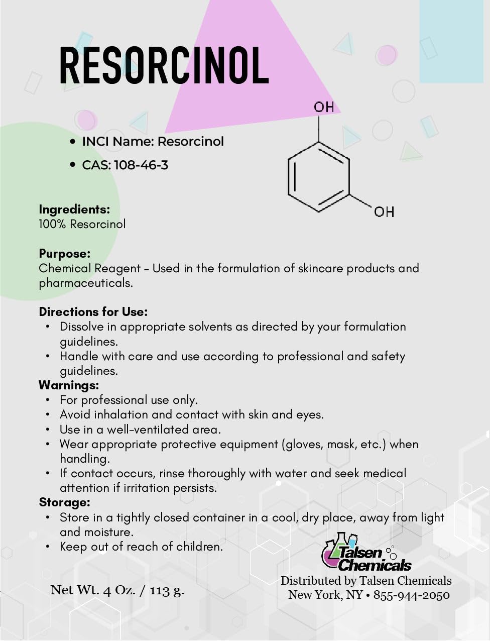 Talsen Chemicals Pure Resorcinol Cosmetic Grade - 1 Oz / 28 g - Organic Resorcinol Powder - Chemical Ingredients In DIY Cosmetics, Personal Care and Beauty Formulations for Skin Care