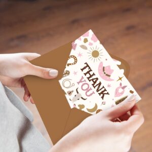 Whaline 24 Pack Western Cowgirl Thank You Cards Pink Brown Greeting Cards with Envelope Stickers Blank Note Cards for Baby Shower Party Supplies, 4 x 6 Inch