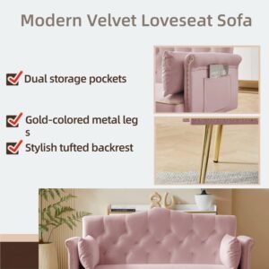 Auvsoce Upholstered Sofa Chair with Stylish Golden Decor,55-inch Modern Sofa Couch with 2 Side Pockets,Couch with Tufted Backrest for Living Room Bedroom Office (Pink)