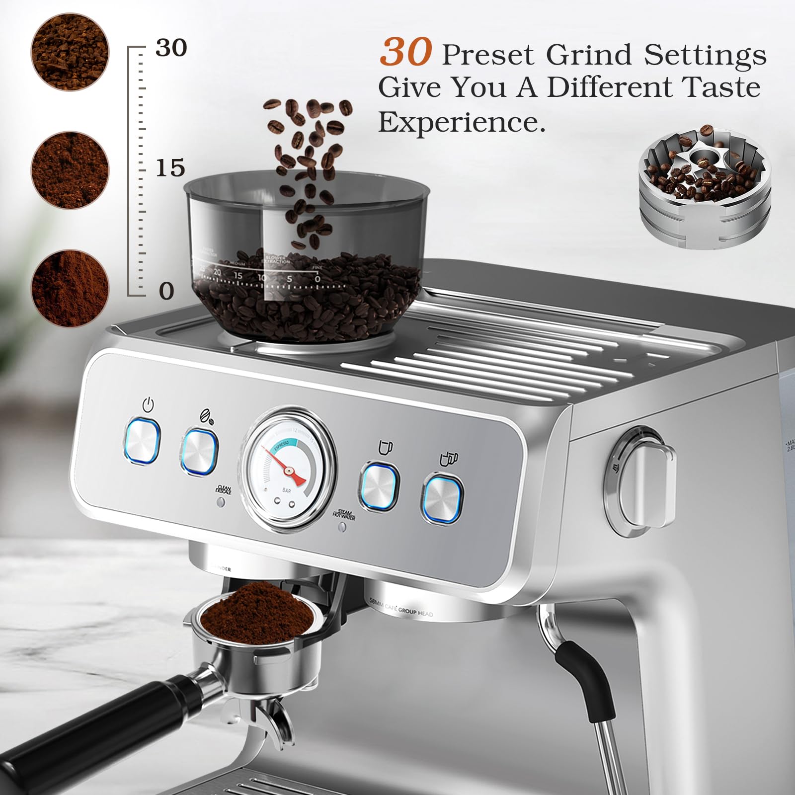 Havato Espresso Machine, 15 Bar Semi-Automatic Espresso Machine with Grinder & Milk Frother Steam Wand, 1350W Home Cappuccino Latte Machine with Removable 75 Oz Water Tank, Stainless Steel