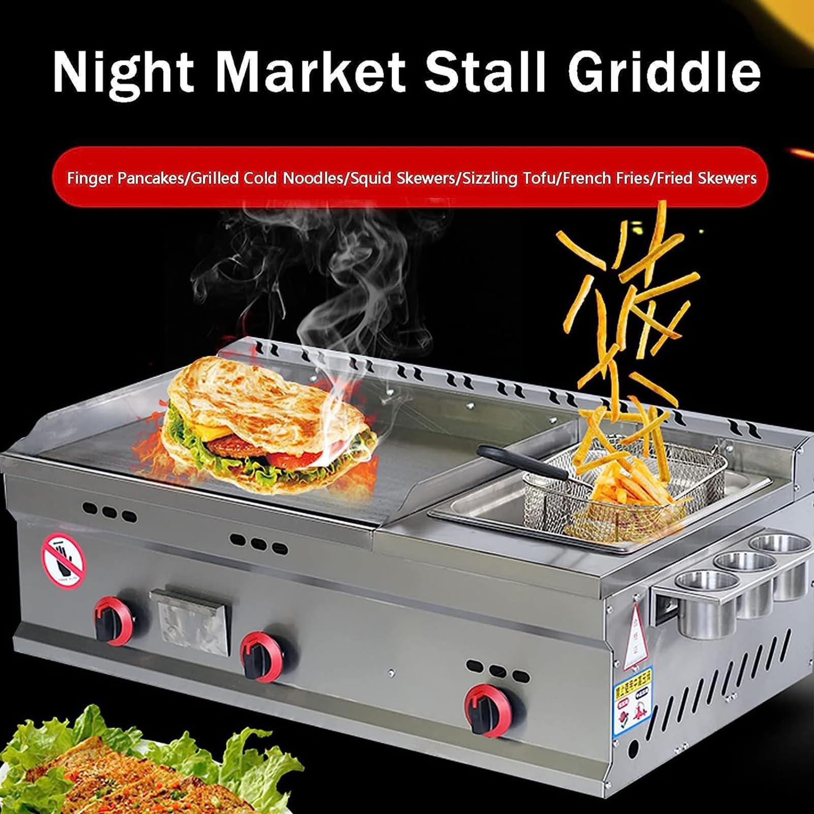 Commercial Gas Griddle, Countertop Flat Top Griddle Stainless Steel Grill, Teppanyaki Fry Pan with Adjustable Temperature, Kitchen LPG Gas Grill for Outdoor Catering