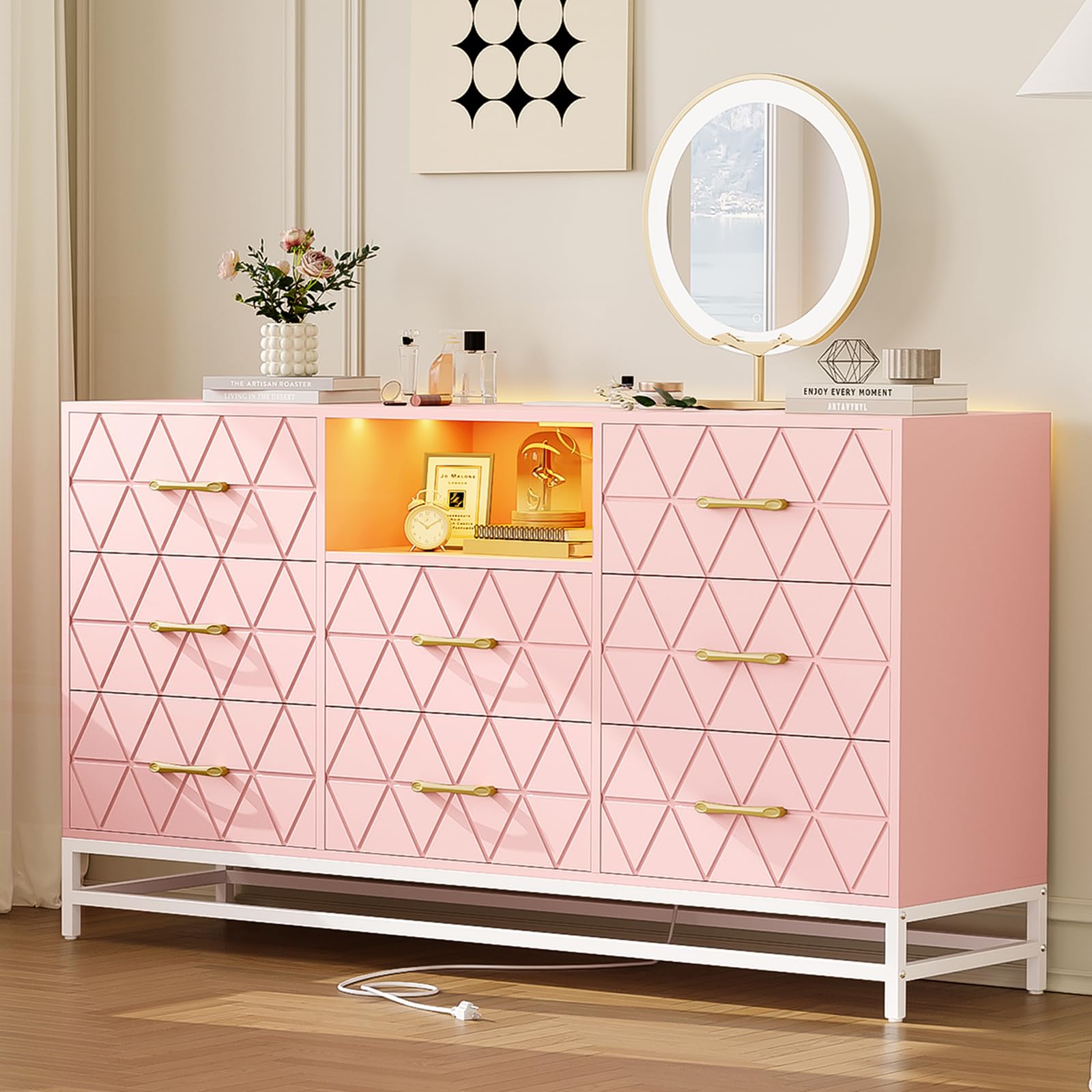 GarveeHome Pink Dresser for Bedroom with 8 Deep Drawer, 59" TV Dresser Wooden Large Long Dresser with Power Outlet and LED Lights, Modern Chest of Drawers Storage Organizer for Living Room, Hallway