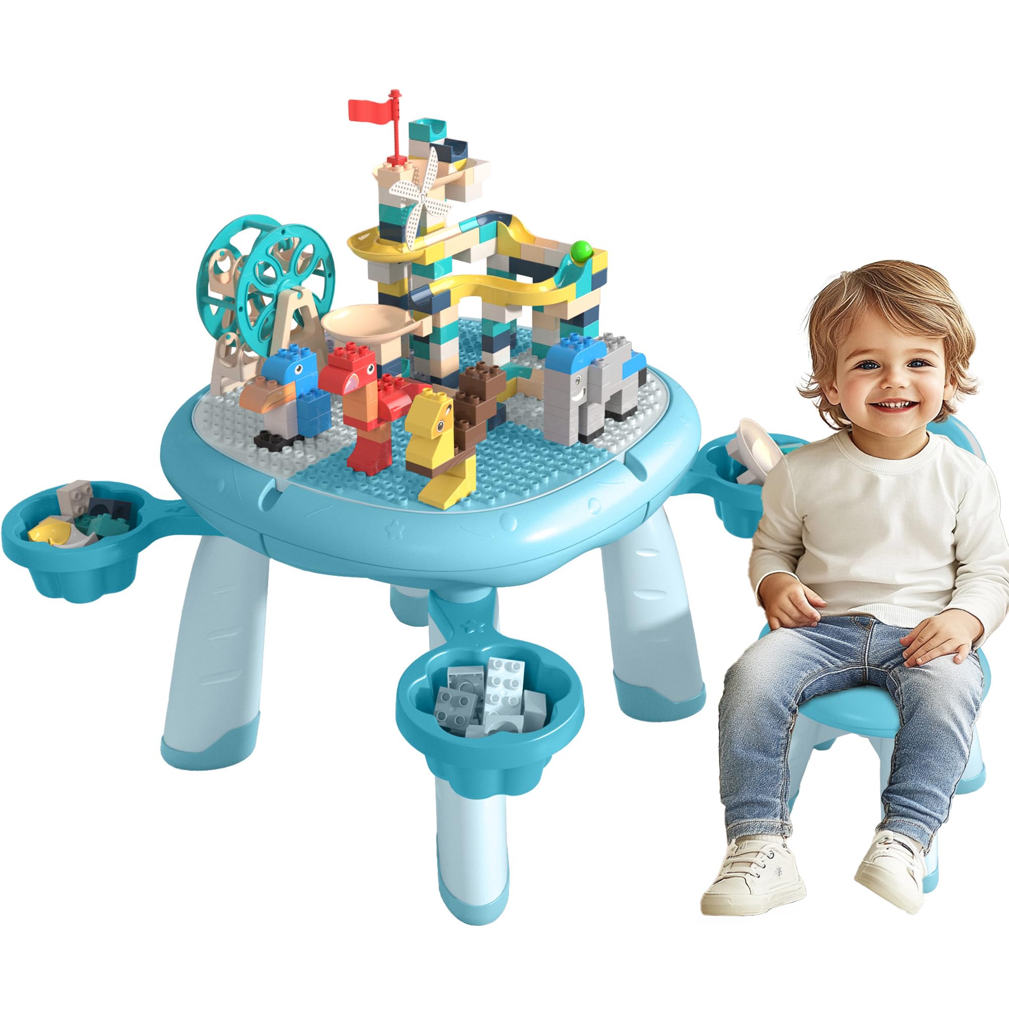 DOREROOM Kids Table and Chair, Kids Multi-Activity Table with Double-Side Tabletop, Toddler Table and Chair Set for Ages Over 1, Block Table with Storage, Toddler Activity Table for Daycare (Blue)