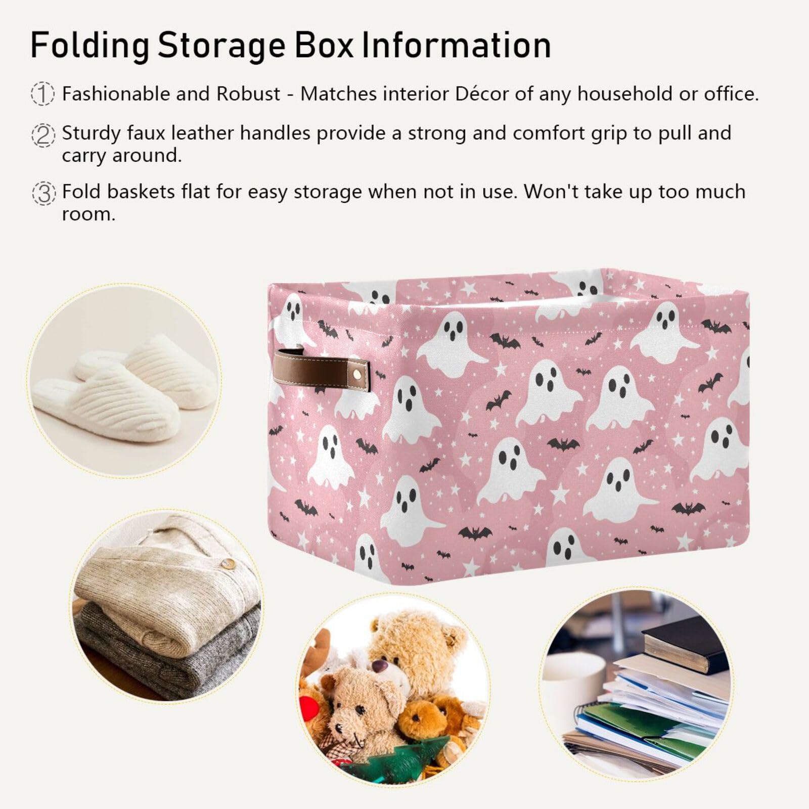 DALAWU Fabric Storage Boxes with Leather Handle, Set of 2, Halloween Ghosts Stars Waterproof Collapsible Canvas Organiser Cubes Bins for Toys Clothes Shelves Closet Household Organizer