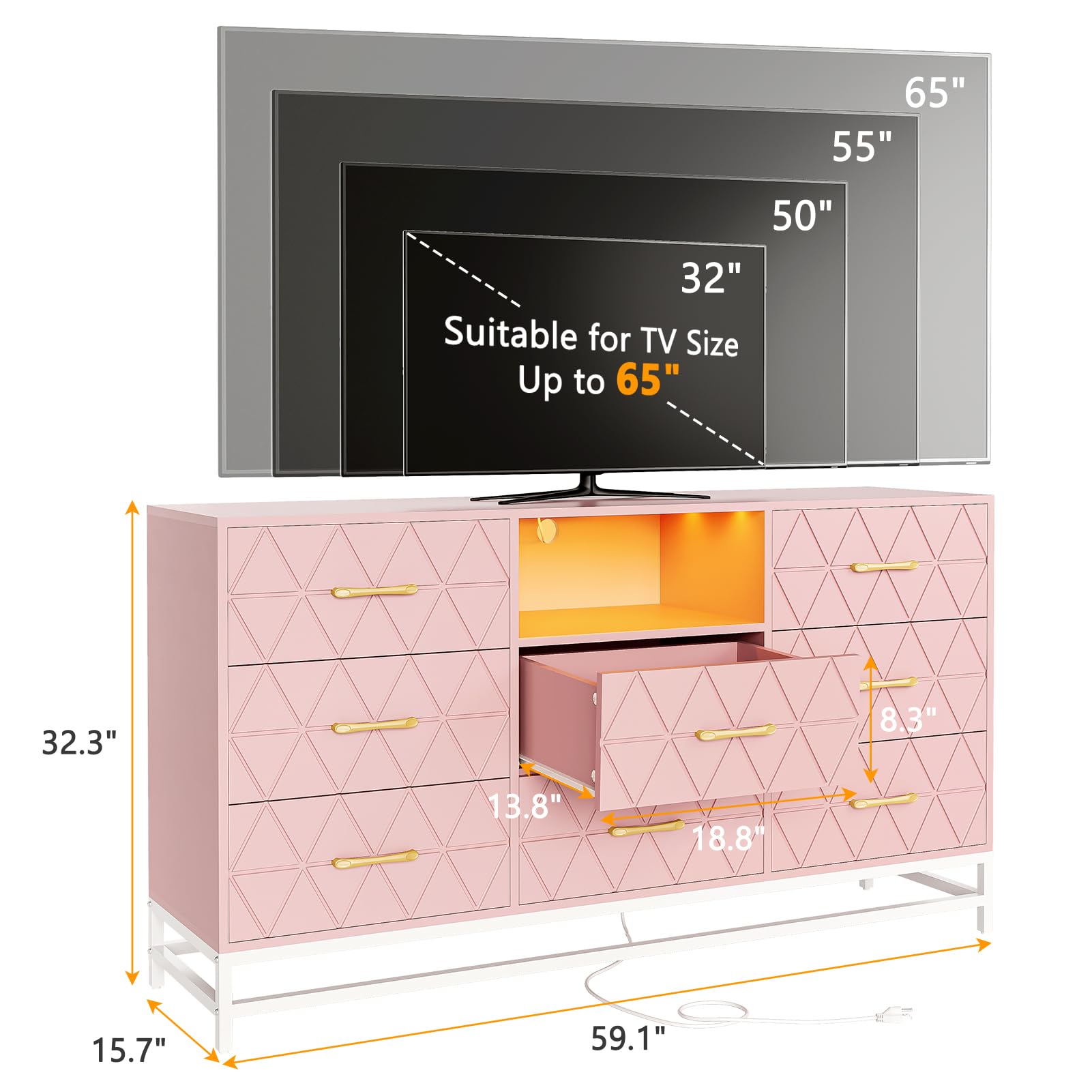 GarveeHome Pink Dresser for Bedroom with 8 Deep Drawer, 59" TV Dresser Wooden Large Long Dresser with Power Outlet and LED Lights, Modern Chest of Drawers Storage Organizer for Living Room, Hallway