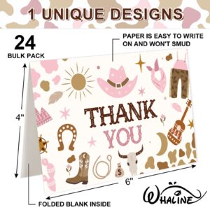 Whaline 24 Pack Western Cowgirl Thank You Cards Pink Brown Greeting Cards with Envelope Stickers Blank Note Cards for Baby Shower Party Supplies, 4 x 6 Inch