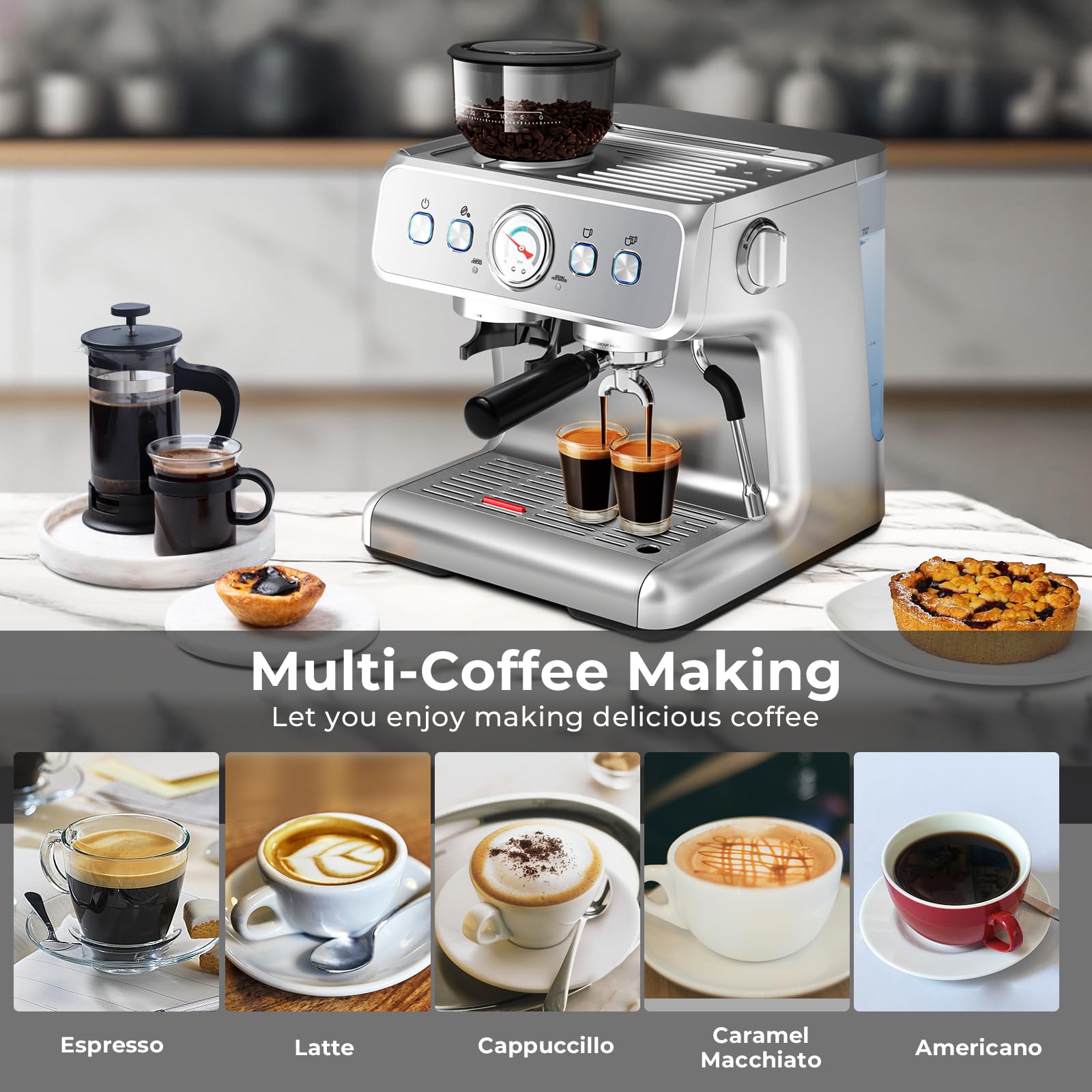 Havato Espresso Machine, 15 Bar Semi-Automatic Espresso Machine with Grinder & Milk Frother Steam Wand, 1350W Home Cappuccino Latte Machine with Removable 75 Oz Water Tank, Stainless Steel