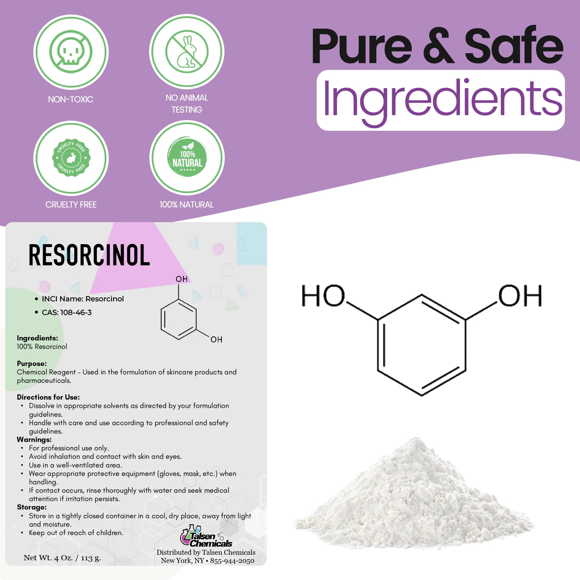 Talsen Chemicals Pure Resorcinol Cosmetic Grade - 1 Oz / 28 g - Organic Resorcinol Powder - Chemical Ingredients In DIY Cosmetics, Personal Care and Beauty Formulations for Skin Care