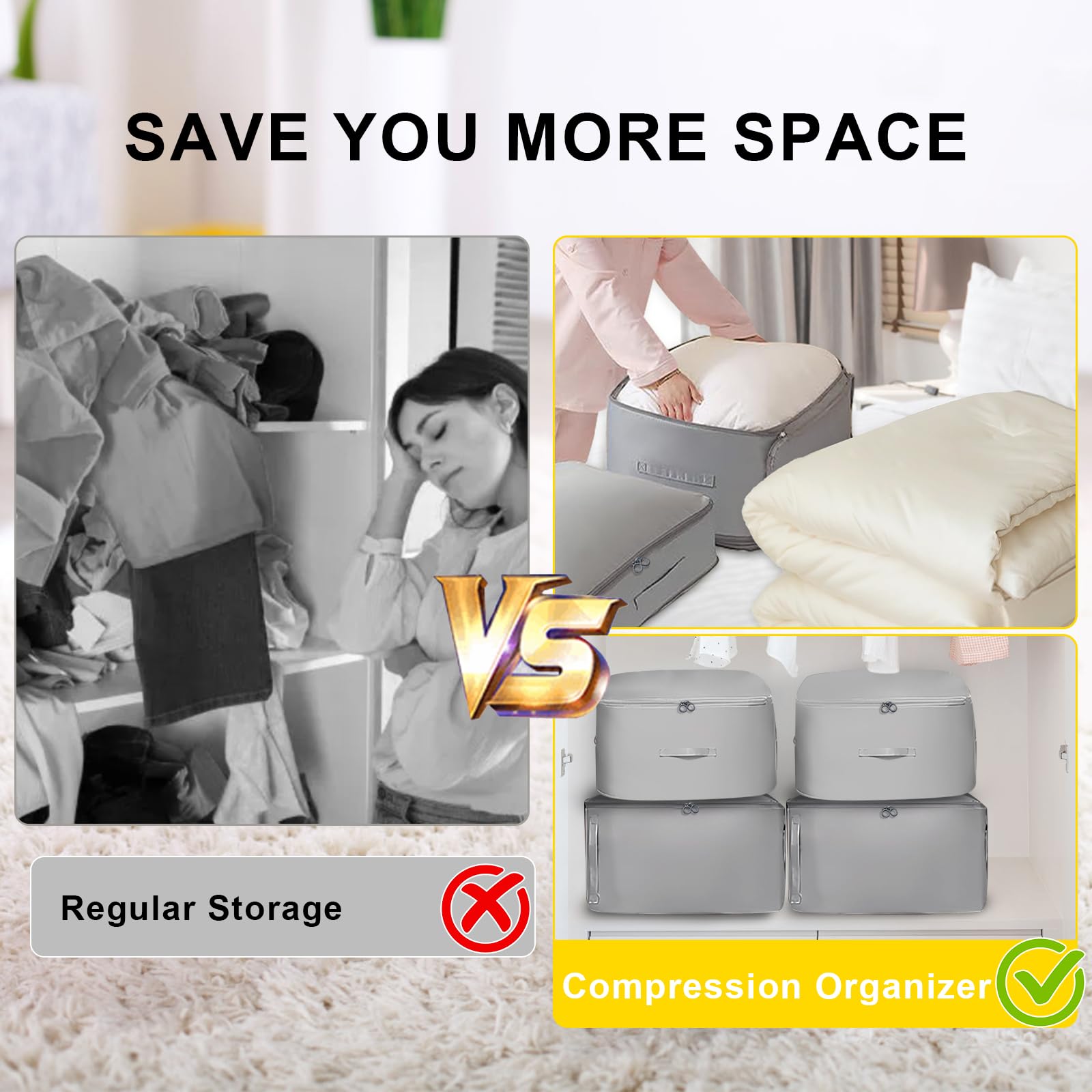 2Pcs Ultra Space Saving Self Compression Organizer, 2025 New Saver Quilt Compression Storage Bag, Space Saving Compression Organizer, Moving Organizer Bags for Comforters, Clothes, Blankets-Grey