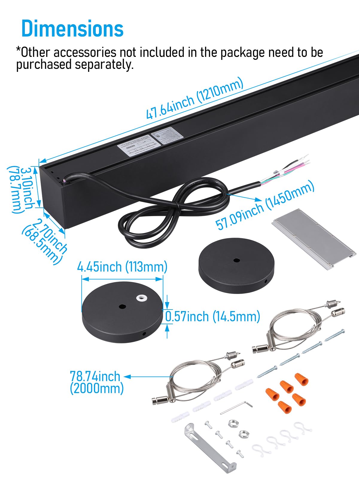 LEONLITE 4FT Linkable LED Linear Light Fixture, 3CCT 50W 6500LM Ultra Bright Downlight for 19.69ft High Ceiling, 120V-277V, 0-10V Dimmable, ETL, 3000K/4000K/5000K, Black Aluminum Housing, Pack of 4