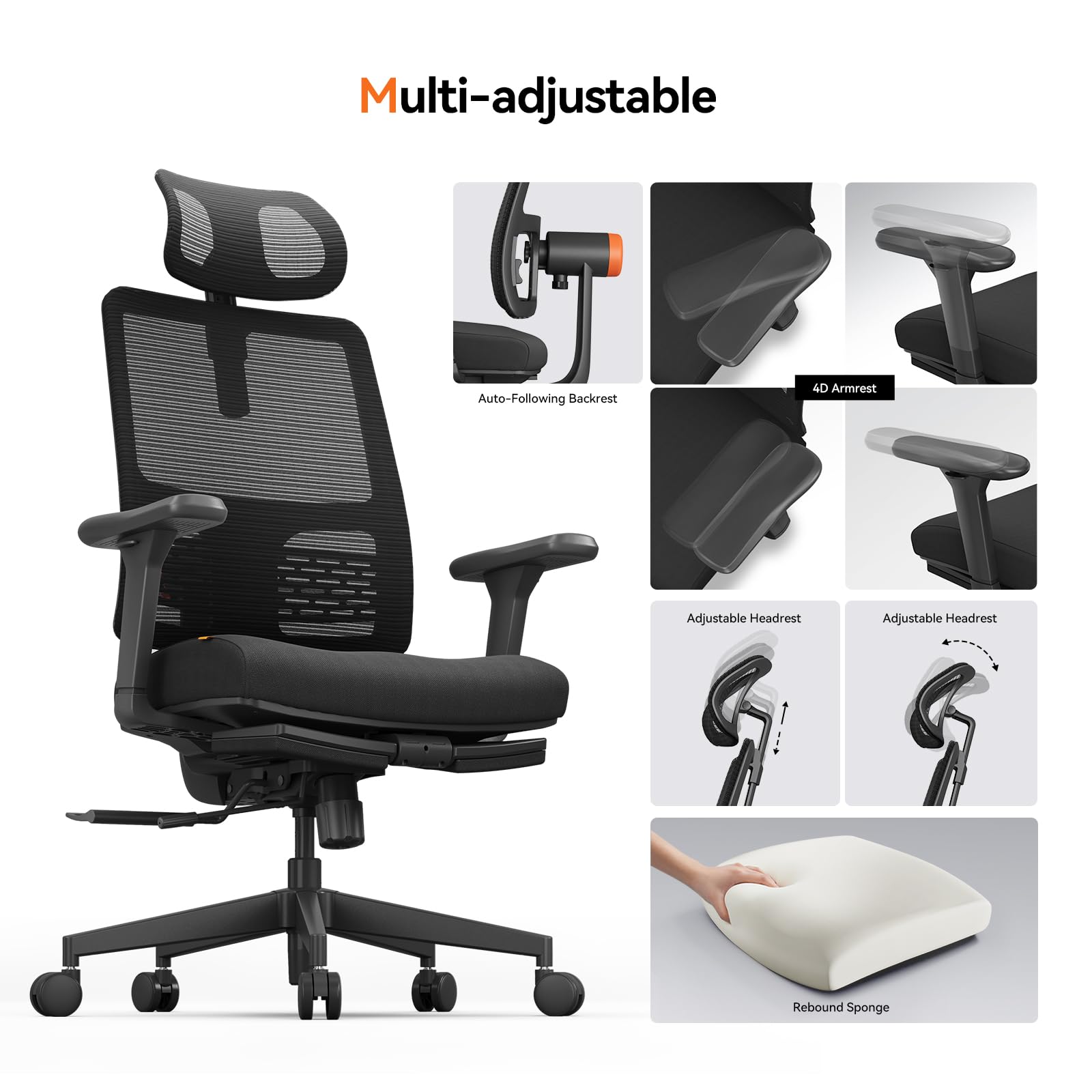 Newtral Ergonomic Office Chair with Footrest - Home Office Desk Chair with Adaptive Lumbar Support, 4D Armrest, Adjustable Seat Depth & Height (2D Headrest + Laptop Tray, Black)