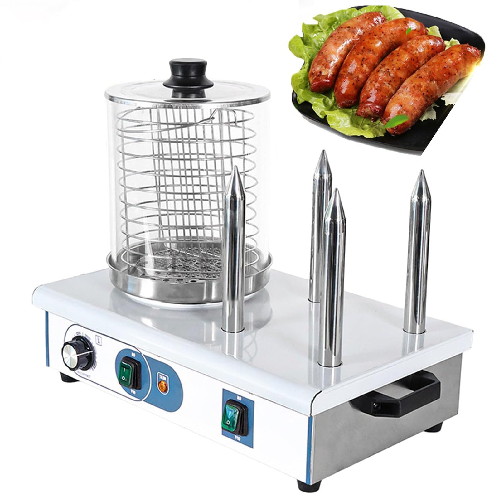 Commercial Hot Dog Sausage Grill Machine, Stainless Steel Hot Dog Bun Heating Machine, Hot Dog Warmer Steamer with Heating Rod & 4-sticks, Temperature Control 50-200℃, for Restaurant, Breakfast Shop