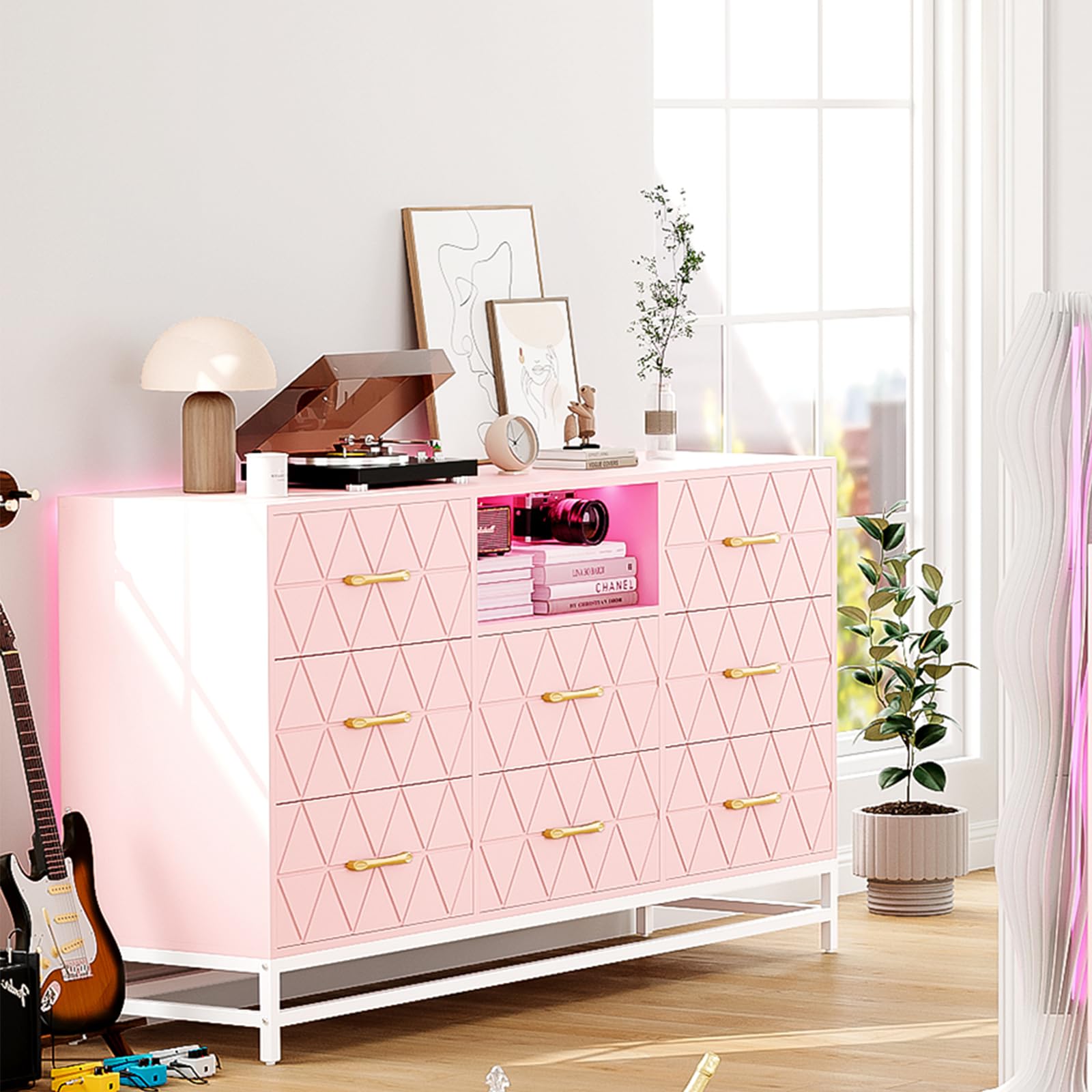 GarveeHome Pink Dresser for Bedroom with 8 Deep Drawer, 59" TV Dresser Wooden Large Long Dresser with Power Outlet and LED Lights, Modern Chest of Drawers Storage Organizer for Living Room, Hallway