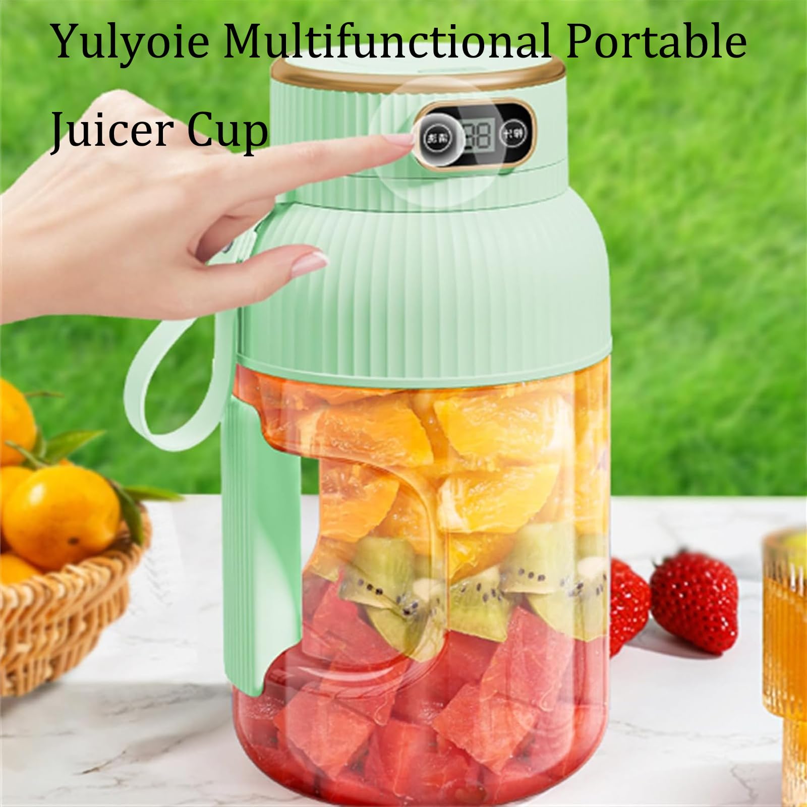 Yulyoie Multifunctional Portable Juicer Cup with Digital Display, 2024 New Yulyoie Portable Smoothie Blender on the Go, Portable Blender USB Rechargeable (Green-Single cup Single lid)