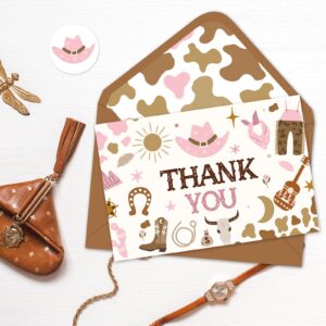 Whaline 24 Pack Western Cowgirl Thank You Cards Pink Brown Greeting Cards with Envelope Stickers Blank Note Cards for Baby Shower Party Supplies, 4 x 6 Inch