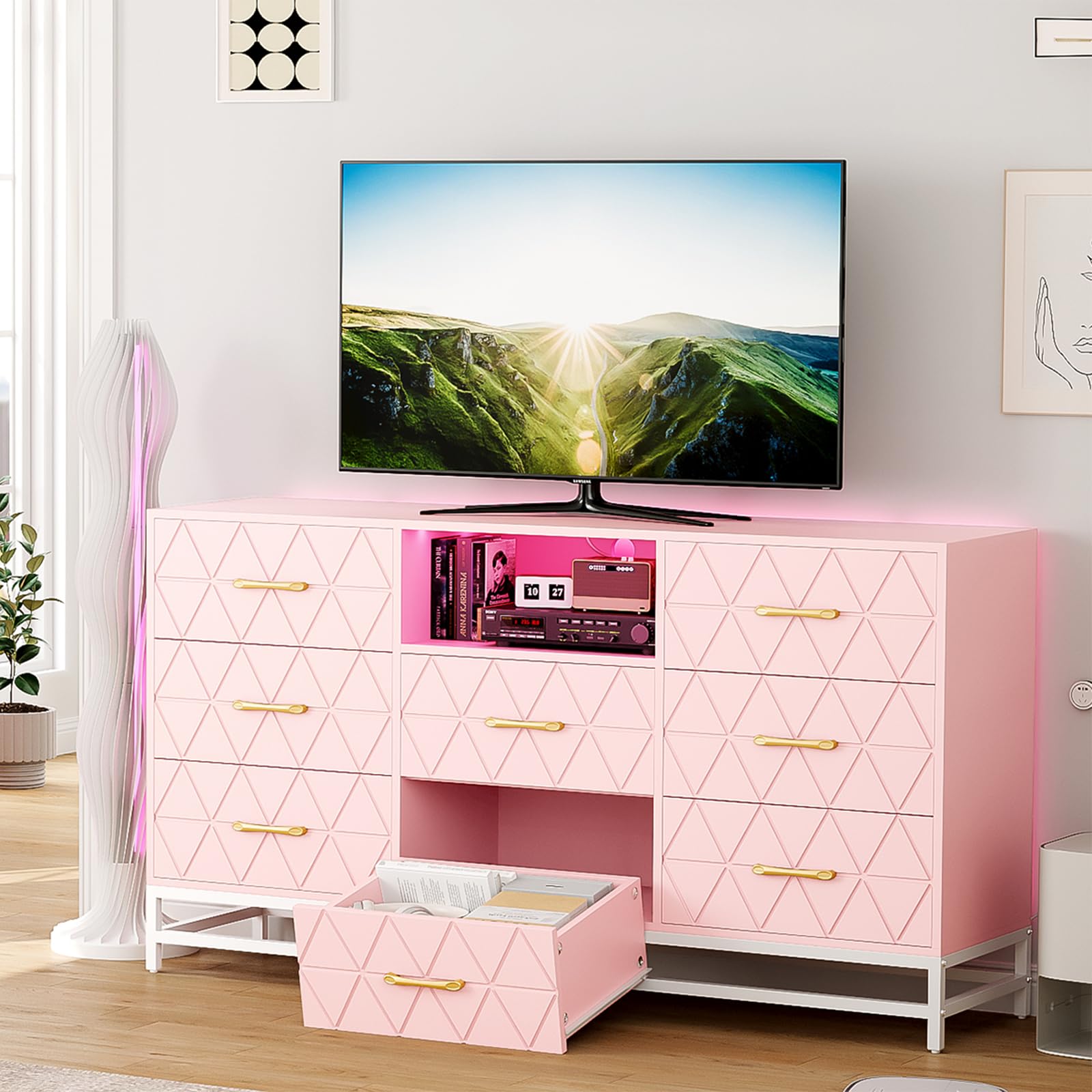 GarveeHome Pink Dresser for Bedroom with 8 Deep Drawer, 59" TV Dresser Wooden Large Long Dresser with Power Outlet and LED Lights, Modern Chest of Drawers Storage Organizer for Living Room, Hallway