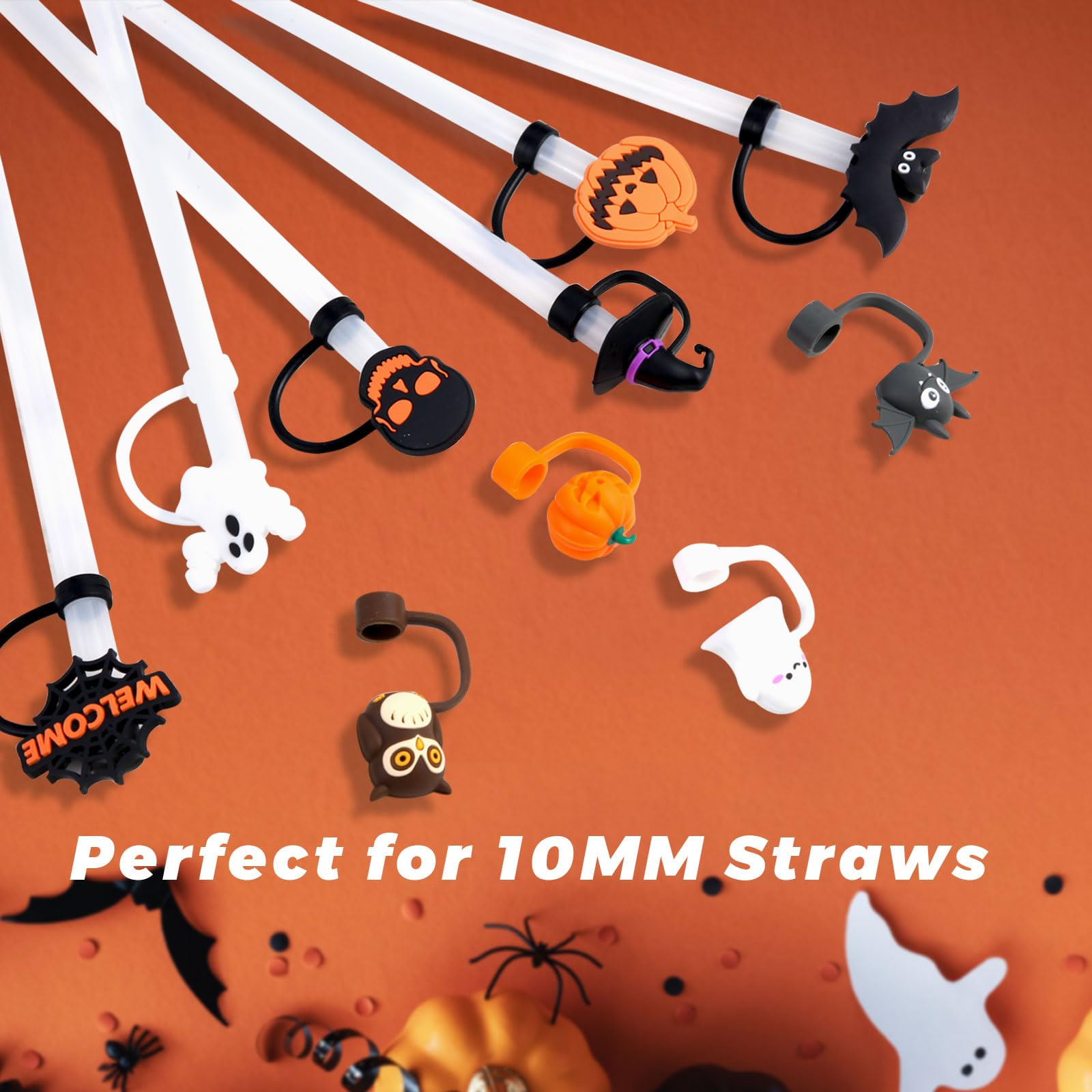 10 Pcs Halloween Straw Cover Cap for Stanley Cup, 3D Halloween Straw Topper for Stanley 30&40 Oz Tumbler 10mm 0.4in Silicone Straw Protectors Drinking Straw Tips Lids Cup Accessories