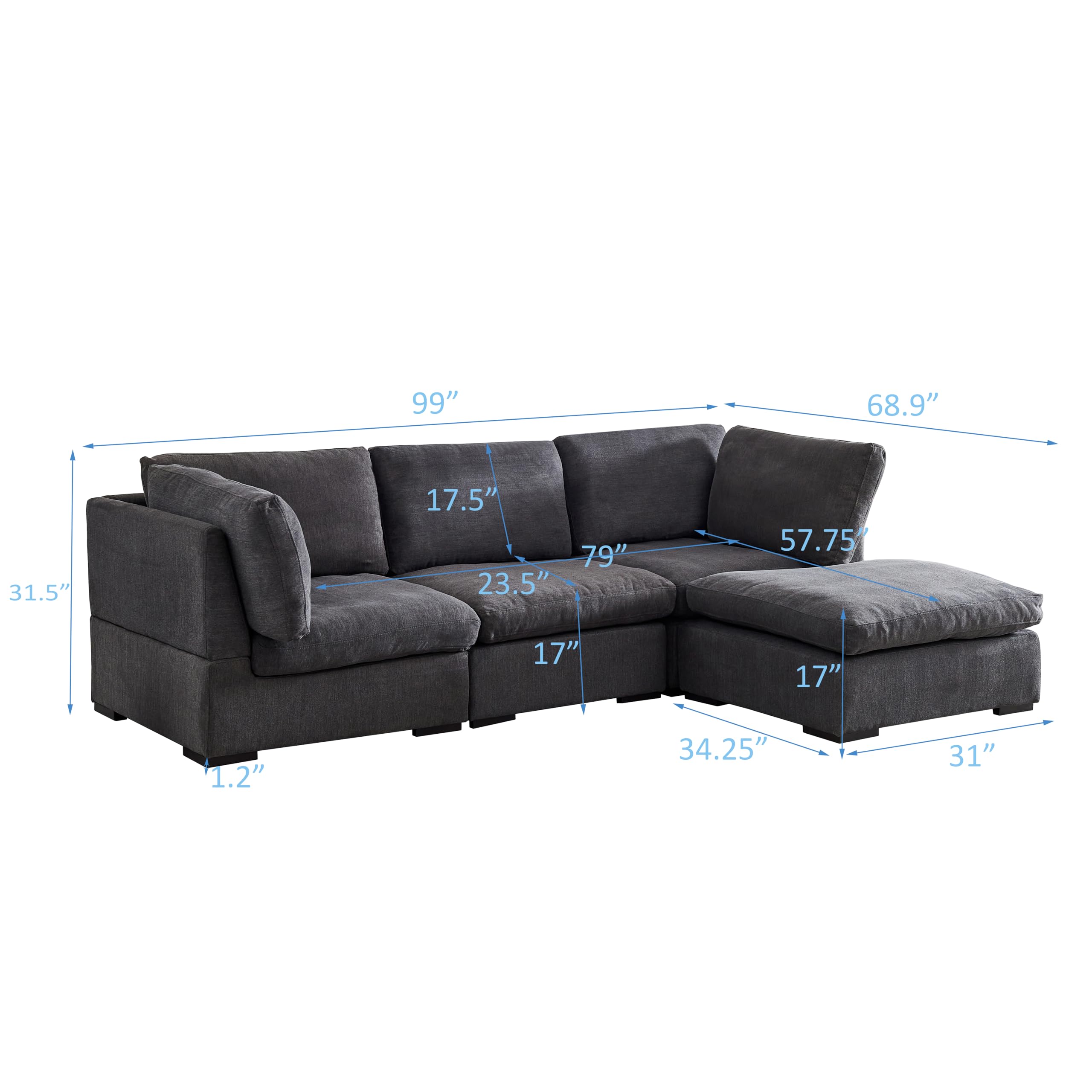 Ball & Cast 99" Modular Sectional Sofa Filled with Down, L Shaped Comfy 3 Seater Couch with Removable Ottoman for Living Room,Apartment,Office,Dark Grey