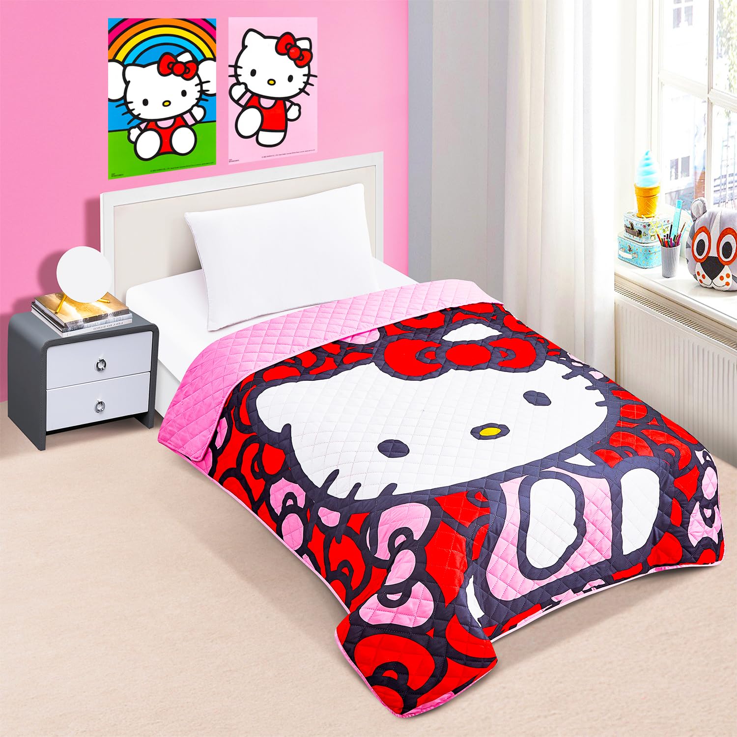 Hello Kitty Bedding Set Twin Bed - Bundle with Hello Kitty Bedspread, Flat Sheet, Fitted Sheet, and Pillowcase for Twin Bed Plus Posters, Decals, More | Hello Kitty Sheets for Girls