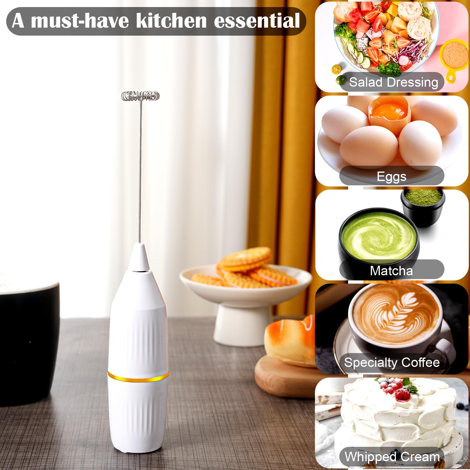 Milk Frother Handheld,Mini Drink Mixer and Coffee Blender Frother for Coffee Bar Accessories, Matcha Whisk,Latte, Cappuccino, Frappe, Hot Chocolate, Egg,Kitchen Essentials Gift (White)