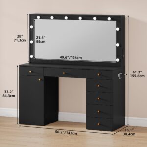 YITAHOME Makeup Vanity Desk Set with Mirror and Lights, 56'' Dressing Table with Large Tabletop, 3 Color Modes Adjustment, Power Outlet, 7 Drawers, Cabinet, Bedroom (Black)