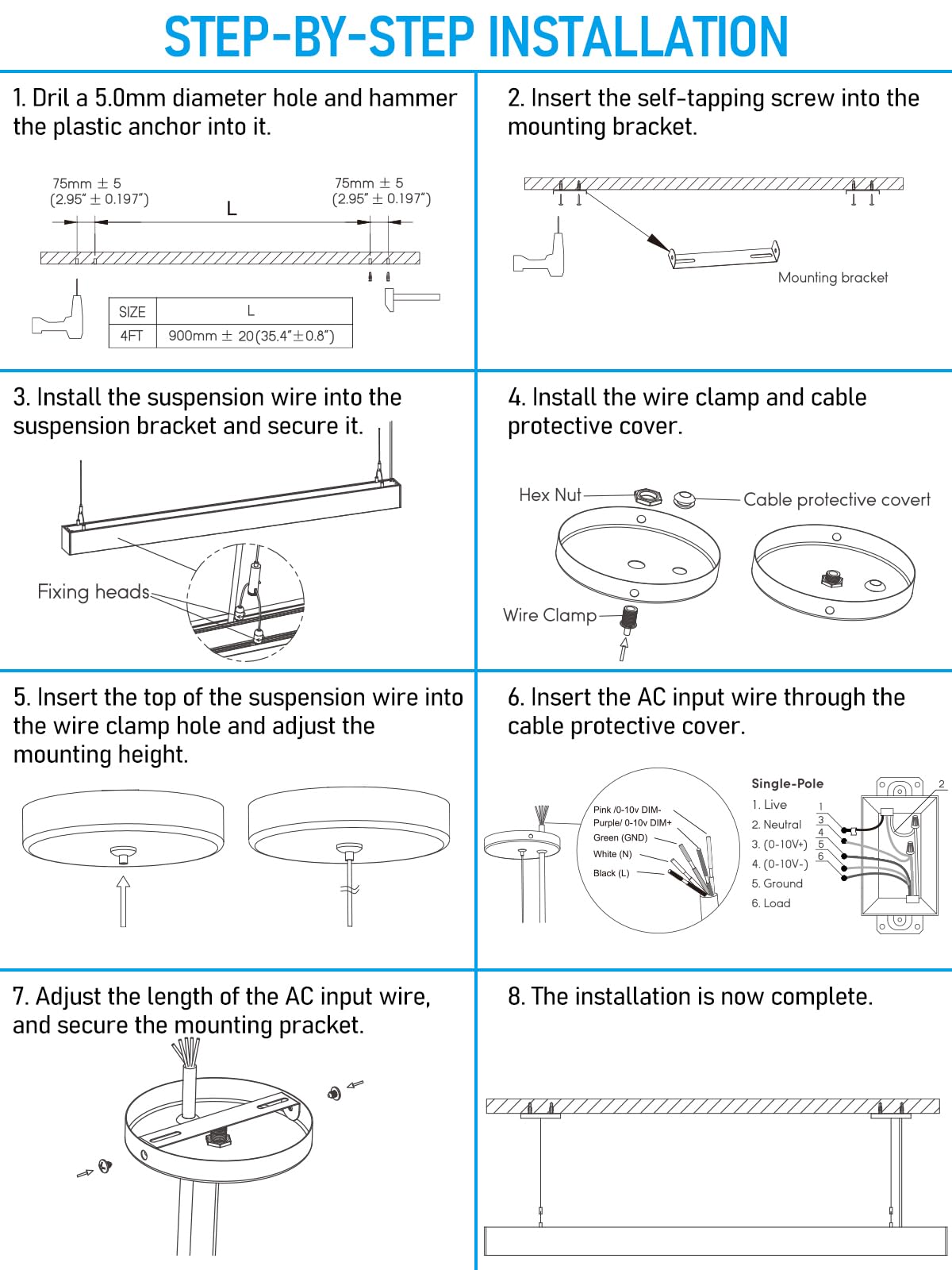 LEONLITE 4FT Linkable LED Linear Light Fixture, 3CCT 50W 6500LM Ultra Bright Downlight for 19.69ft High Ceiling, 120V-277V, 0-10V Dimmable, ETL, 3000K/4000K/5000K, Black Aluminum Housing, Pack of 4