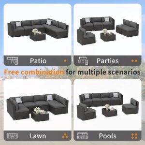 Oakcloud 8-Piece Outdoor Patio Furniture Sofa Set with 45” Propane Gas Fire Pit Table, Black Rattan Wicker Sectional Conversation Sets with Glass Top Table and Cushions(Grey, w/Fire Pit Table)